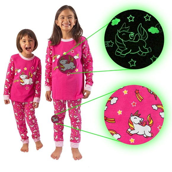 Girls Unicorn Glow In The Dark Long Sleeve Pajamas - Picture 1 of 8